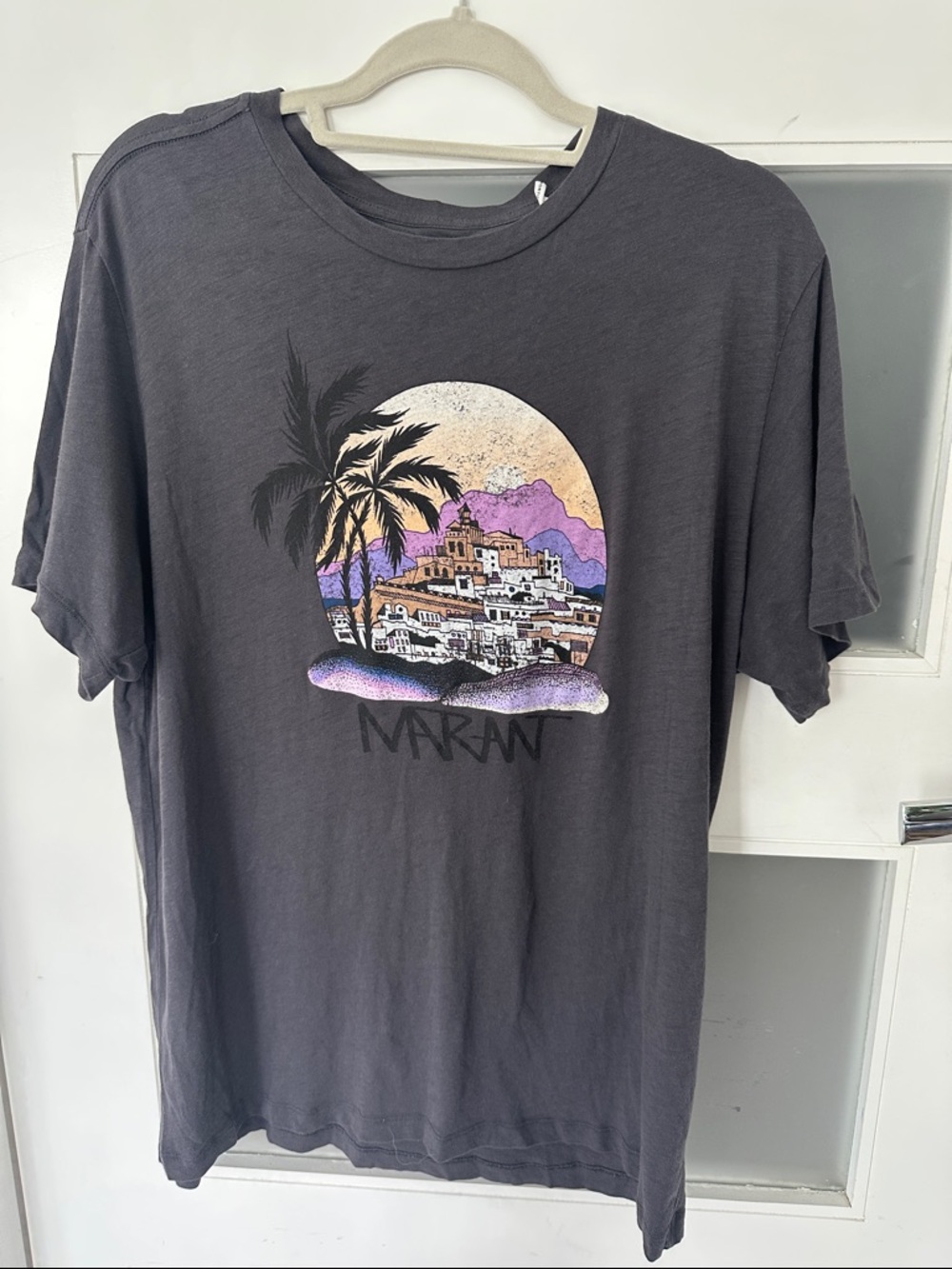 Charcoal Graphic Short-Sleeve Tee with Sunset Village Print
